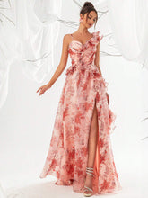 Women's Floral Printed Mesh Frill Trim Evening Dress With Long Hemline